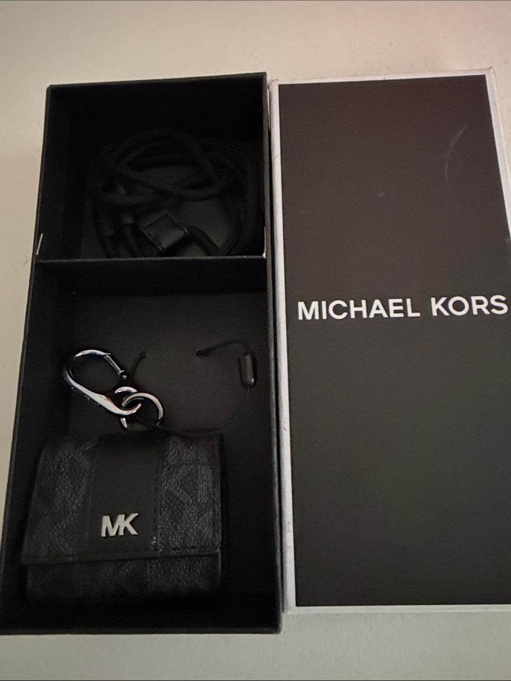 Michael Kors Black Leather MK Monogram Key Pouch, AirPod ca with Silver Hardware